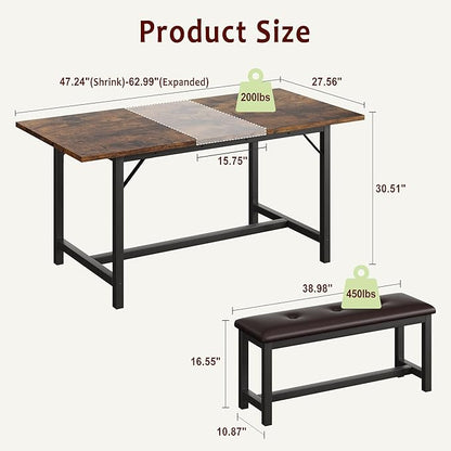 3-Piece Dining Table Set for 4-6 People, Extendable Kitchen Table Set with 2 Upholstered Benches, Dining Room Table Set for Apartment, Kitchen, Living Room, Brown
