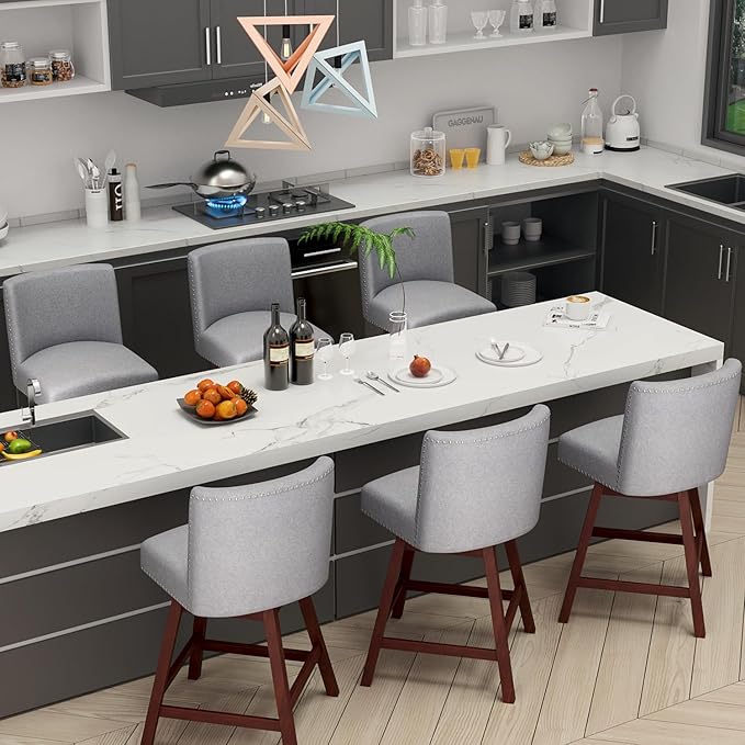 Counter Height Barstools Set of 6,360° Swivel Bar Stools with Back,26 inch Modern Counter barstools,Upholstered Bar Tall Stools for Kitchen Counter,Kitchen Island,Bar, Home (Light Gray, SET OF 6)