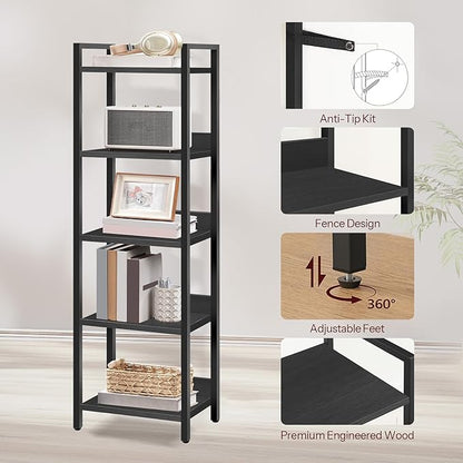 5-Tier Bookshelf, Bookcase, Shelves Organizer for Small Spaces, Storage Shelf Organizer, for Living Room, Bedroom, Study, Balcony, Black BKHB5501