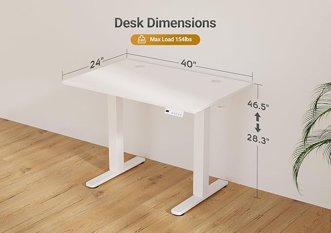Seang Electric Standing Desk Adjustable Height, 40 x 24 Inch Sit Stand Desk with T-Shaped Frame, 3 Memory Presets & Cable Management for Home Office Computer Workstation, White Frame/White Top