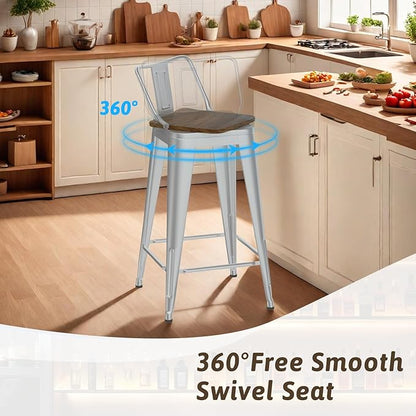 26 Inch Swivel Bar Stools Set of 4, Counter Height Bar Stools with Low Back, Metal Industrial Bar Chairs for Kitchen Island (Silver)