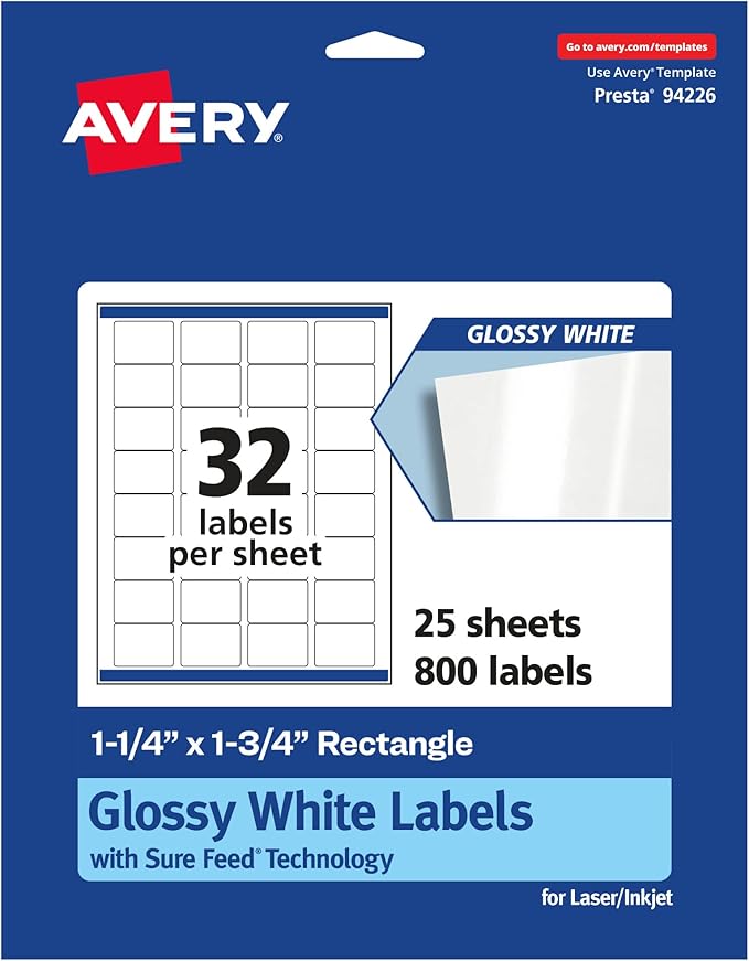 Avery Glossy White Rectangle Labels, Sure Feed Technology, 1.25" x 1.75", 800 Glossy White Labels, Permanent Adhesive, Laser/Inkjet Printable