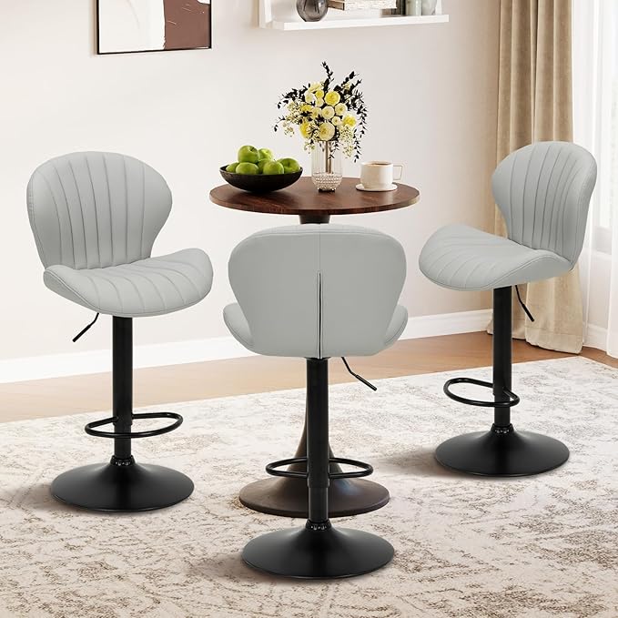 COLAMY Bar Stools Set of 2, Modern Swivel Bar Chairs, Adjustable Faux Leather Upholstered Barstools Counter Height with High Backrest for Bar, Kitchen Island, Dining Room, Grey