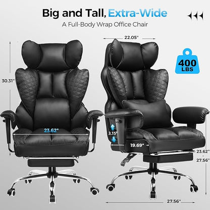 COMHOMA Big and Tall Office Chair 400LBS Wide Ergonomic Gaming Chair with Deluxe Embossing Designed Leather with Foot Rest,150°Reclining Adjustable Armrests Pocket Spring Back Support and Pillow