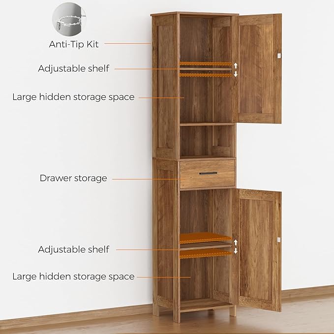 Homhedy 67" H Tall Bathroom Storage Cabinet with 2 Barn Doors and 1 Drawer, Narrow Storage Unit, Adjustable Shelves, Floor Cabinet for Bathroom, Living Room, Entryway, Kitchen, Rustic Walnut, (15.7"W)