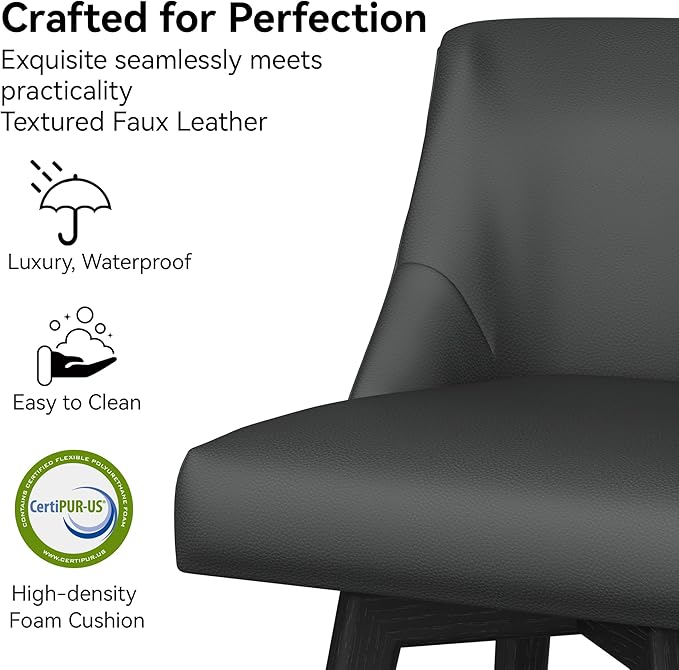Counter Height Bar Stools Set of 4, Modern Swivel Barstools with Back and Wood Legs, Faux Leather Upholstered Bar Chairs, 26" H Kitchen Counter Stools, Kitchen Island Home Bar, Black Grey