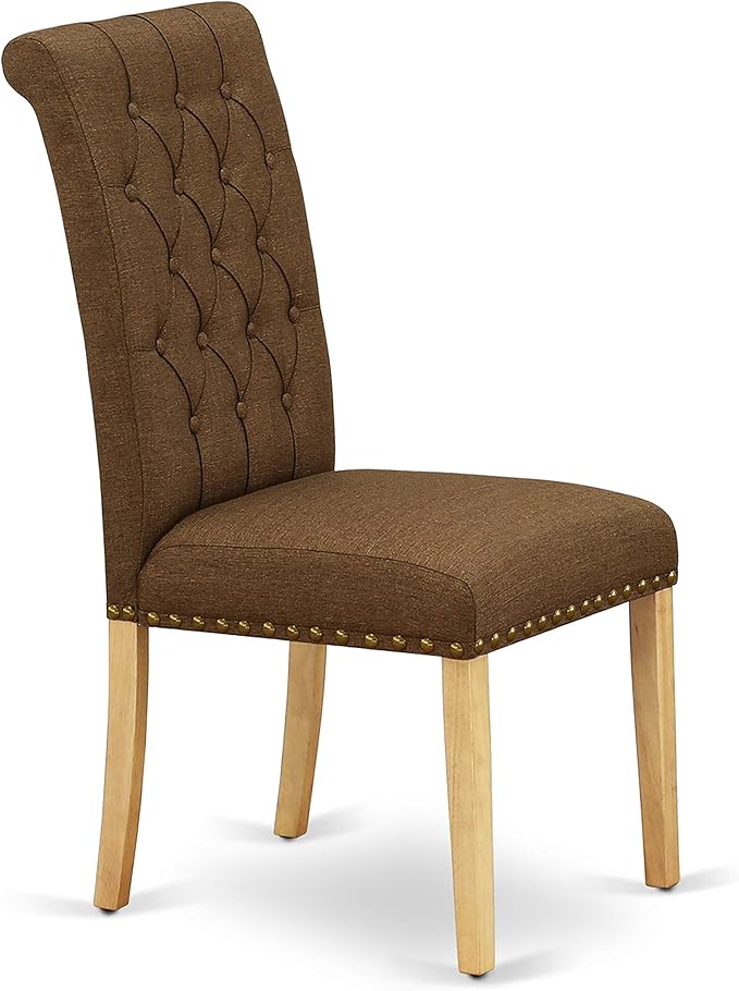 East West Furniture ESBR3-OAK-18 3 Piece Kitchen Table & Chairs Set Contains a Round Dining Room Table with Pedestal and 2 Brown Linen Linen Fabric Parsons Chairs, 30x30 Inch, Oak