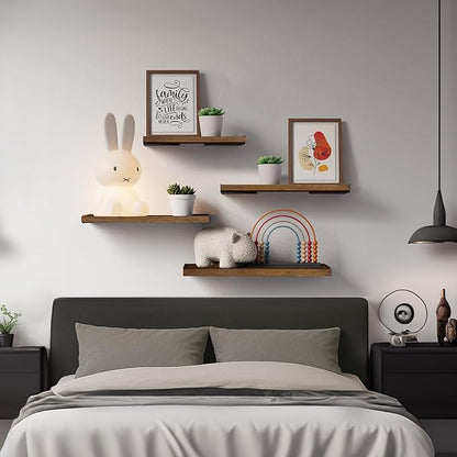 BAYKA Floating Shelves for Wall, Book Shelf for Bedroom, Decor Shelves for Living Room Kitchen, Mounted Wood Floating Shelf for Home Decor, Corner Shelf for Bathroom, Office(Walnut-Toned,Set of 4)