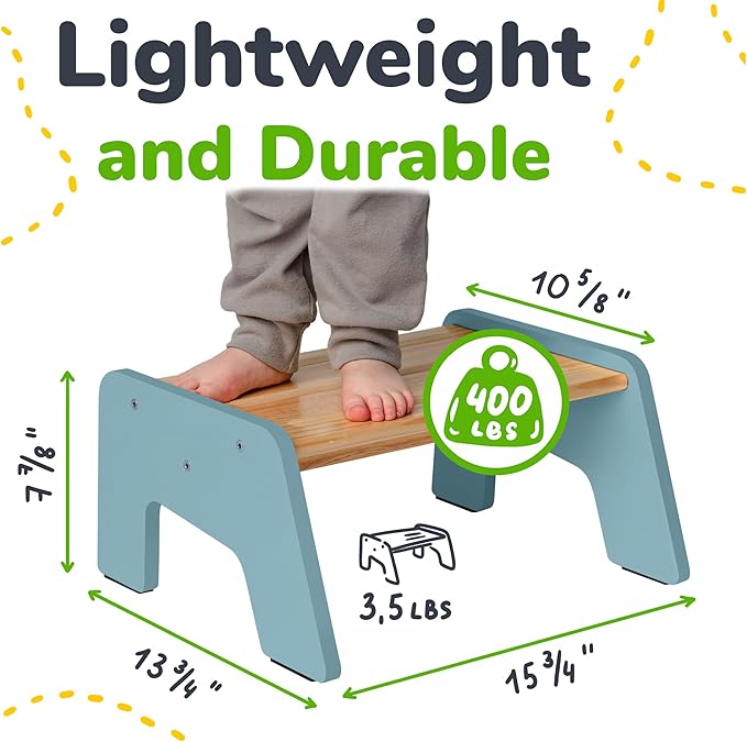 1-Step Wooden Step Stool for Toddlers | Kids Step Stool for Bathroom Sink, Kitchen, and Potty Training | Non-Slip Stool for Toilet Independence | Wooden Step for Children Ages 2+ Blue