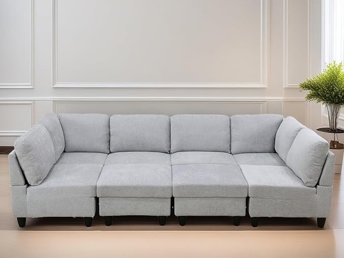 U Shaped Sectional Couch, Convertible Modular Sectional Sofa with Ottomans, 8 Seat Comfy Corner U Shaped Couch Lounge Modern Modular Couches for Living Room Apartment, Grey