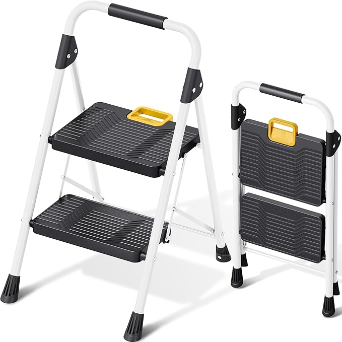 KINGRACK 2 Step Folding Ladder, 800lbs Capacity Step Stool with Safety Lock, Non-Skid Wide Pedals, and Handrail, Lightweight, Household Ladder for Home, Kitchen, Pantry, Closets, and Office Use, White