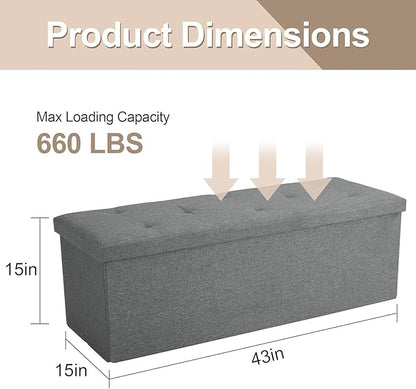 43 Inches Folding Storage Ottoman Bench, Ottoman Foot Rest, Storage Chest, End of Bed Foot Rest Stool with Padded Seat for Living Room, Bedroom, Entryway, Support 660lbs, Linen, Grey