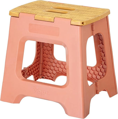 Vigar Compact Step Stool Foldable, 12-1/2-inch Step Stools for Adults up to 330 Pound, Lightweight Stool, Non-Slip Folding Step Stool, Sunrise Orange, Bamboo Print on Top