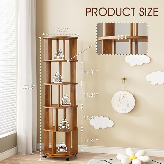 5 Tier Rotating Bookshelf Tower Spinning Bookshelf with Swivel Wheels Book Shelf Rotating Storage Tower for Kids Adult Narrow Walnut Solid Wood Revolving Bookcase Organizer for Bedroom Living Room