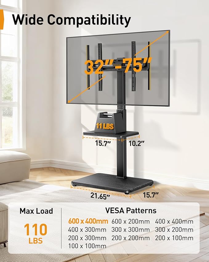 Perlegear Floor TV Stand with LED Light for 32”-75" TVs, Tall TV Stand with Swivel and Tilt, 12 Height Levels TV Mount Stand, Solid Wood Base up to 110 lbs for Living Room, Max VESA 600x400mm, PGFS21B