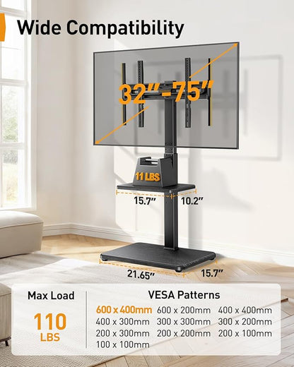 Perlegear Floor TV Stand with LED Light for 32”-75" TVs, Tall TV Stand with Swivel and Tilt, 12 Height Levels TV Mount Stand, Solid Wood Base up to 110 lbs for Living Room, Max VESA 600x400mm, PGFS21B