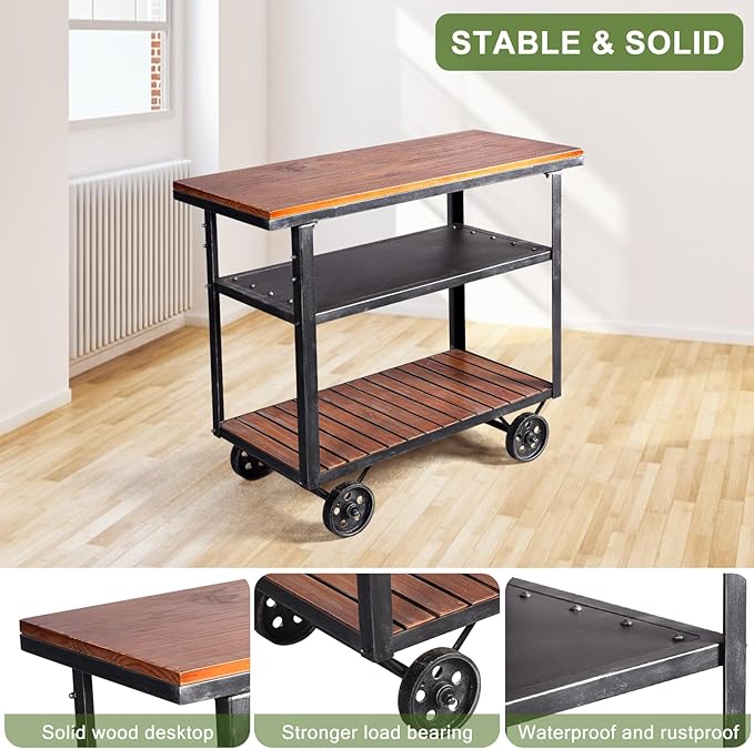 Vintage Rolling Bar Cart on Wheels Industrial Mobile Serving Cart Metal and Wood Design for Kitchen Bar Office Coffee House 36.2" Lx15.75 Wx30.5 H 3 Tier with 2 Side Handle