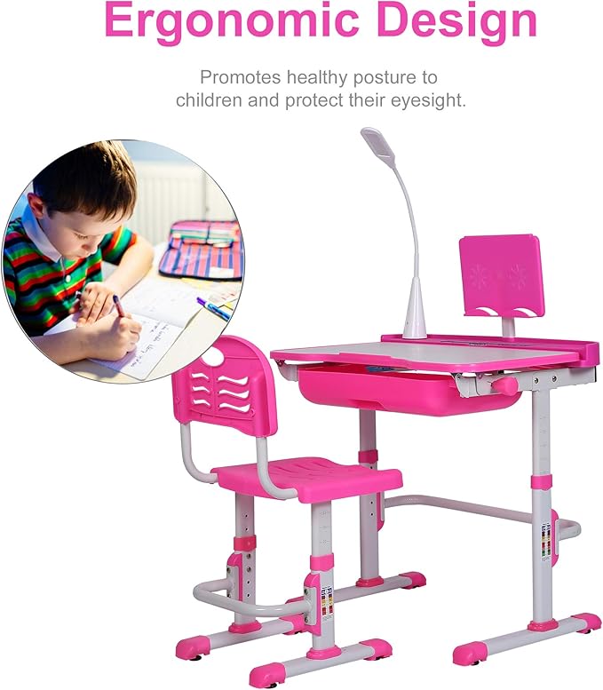 Kids Desk and Chair Set, Height Adjustable Child's School Study Writing Tables with Tilt Desktop, LED Light, Storage Drawer, Book Stand (Pink)