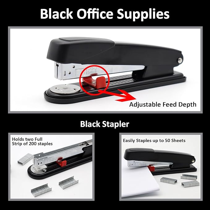 Black Office Supplies,UPIHO Black Desk Accessories,Stapler and Tape Dispenser Set for with Large Stapler,Tape Dispenser, Staple Remover, Staples, Clips,Scissor and Tabs,Gifts for Office Clerks