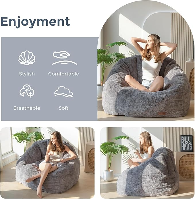 MAXYOYO Giant Bean Bag Chair, Oversized Bean Bag Couch for Adults and Kids, Faux Fur Shell-Shaped Large Chair with Filler, Stuffed Big Accent Sofa Lounge Floor Sofa for Gaming, Reading, Dark Grey