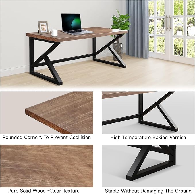 Solid Wood Computer Desk,Rustic Style 55-inch Large Office Desk- Modern Gaming Working for Home Office, Modern Simple Design, Ideal for Study, Writing, Dining