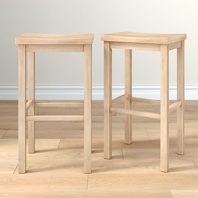 Grain & Grove Smith Collection Set of 2 Solid Wood Bar Stools, 30 inch Saddle-Seat Bar Chairs, Backless, Heavy-Duty Construction, Footrest Support, for Kitchen Islands, Home Bars, and Counters, Blonde
