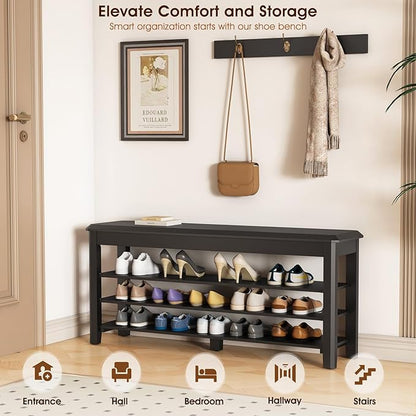 Shoe Rack Bench Seat Rubberwood 3-Tier Wooden Storage Bench 550lbs Compact Mid-Century Modern Design for Entryway, Hallway, Closet, Front Door Entrance, Foyer