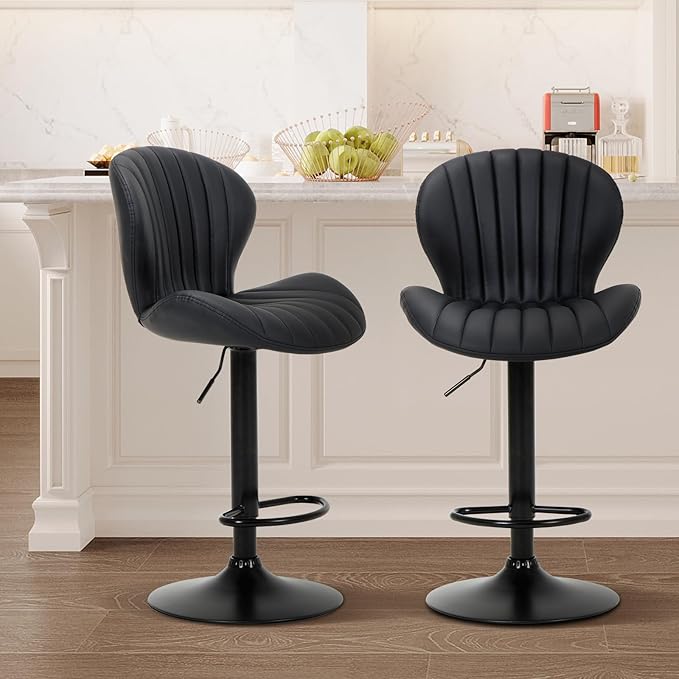 COLAMY Bar Stools Set of 2, Modern Swivel Bar Chairs, Adjustable Faux Leather Upholstered Barstools Counter Height with High Backrest for Bar, Kitchen Island, Dining Room, Black