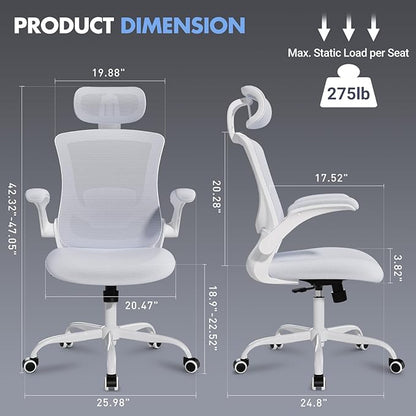 Ergonomic Office Chair with Adjustable Lumbar Support & Headrest, High Back Mesh Desk Chair with Flip-Up Armrests, Breathable & Comfortable Computer Chair for Home, Office & Study –White
