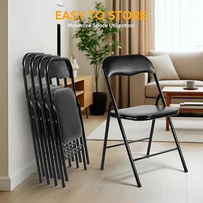 HealSmart 2 Pcs Folding Chairs with Leather Padded Cushion Seats, Back & Sturdy Metal Frame, Stackable, Portable, Commercial Event Seat, Indoor Outdoor for Parties, Home Event, Office, Black