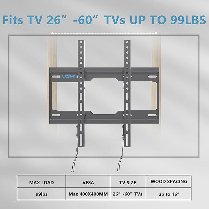 Fixed TV Wall Mount for Most 26-60 Inch Screen, Low Profile TV Mount with Quick Release Lock, Ultra Slim Wall Mount Bracket, Max VESA 400x400mm, Holds up to 99 lbs, up to 16”Wood Studs