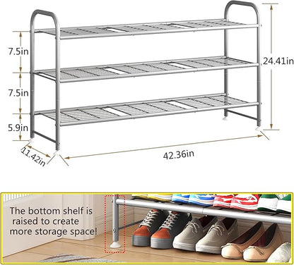 LINZINAR Shoe Rack 3 Tier Long Metal Shoe Organizer for Closet Entryway Grey