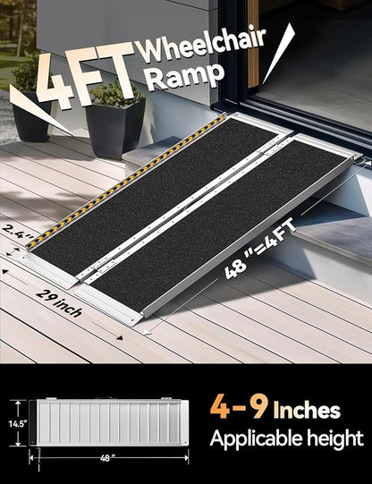 FACHNUO 4 Feet Portable Wheelchair Ramp, Non-Skid Aluminum Handicap Ramps with Handle, Folding Threshold Wheel Chair Ramp for Home Steps, Stairs, Entry, Threshold, Curbs, Stairs, 800LBS Capacity