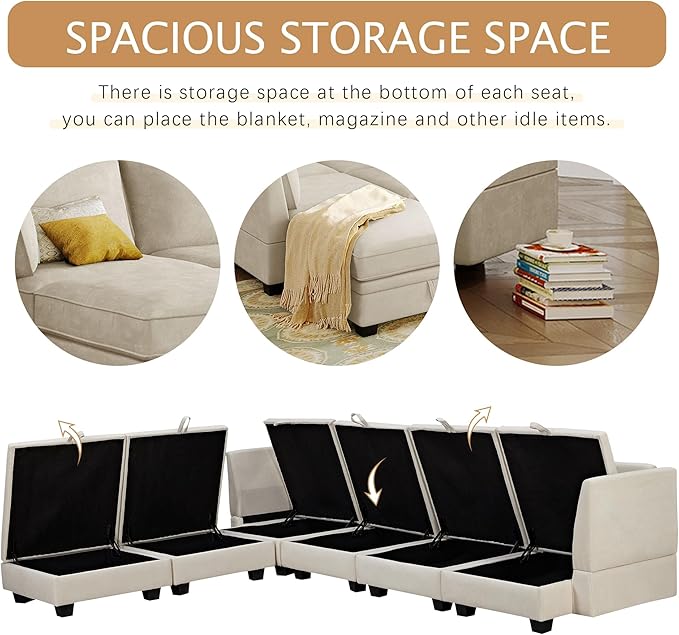 115.1 Inch Oversized U-Shape Sectional Sofa with Removable Ottoman and Storage Seat, Modular Upholstered Convertible Couch Bed w/Reversible Chaise for Living Room, Office, Beige
