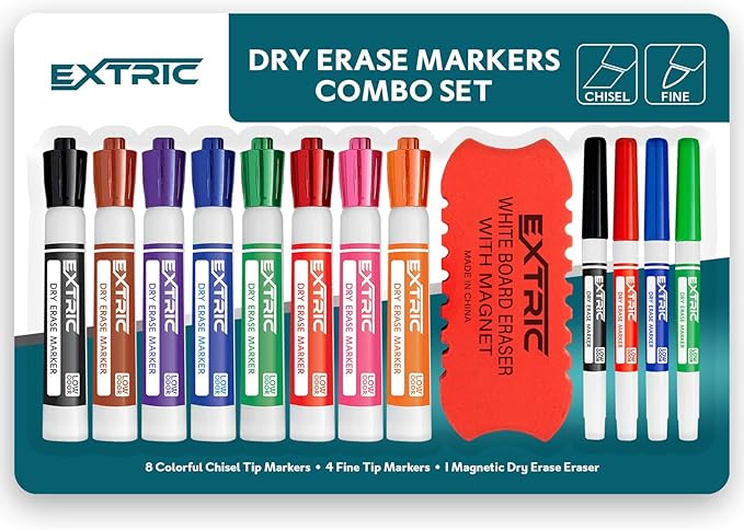 EXTRIC Dry Erase Markers with Eraser, 12-Pack Non-Toxic Whiteboard Marker Set, Fine & Chisel Tip, Includes Eraser Kit for Classroom, Teacher & Office Supplies