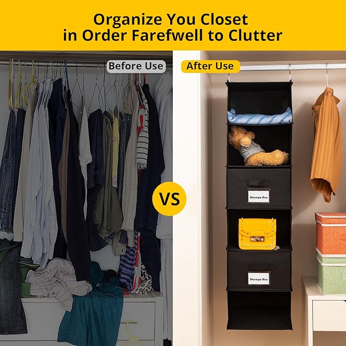 2 Pack 6 Shelves Hanging Closet Organizer with 2 Drawer, Hanging Storage with 4 Side Pockets for Clothes Shoes, 43.5"x12"x12"(Black)