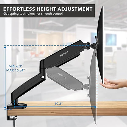 Mount-It! Dual Monitor Desk Mount – Full Motion Gas Spring Arms, Fits 13 to 32 Inch Screens, Holds 17.6 lbs per Arm, Dual Monitor Stand, VESA Mount, C-Clamp & Grommet Base