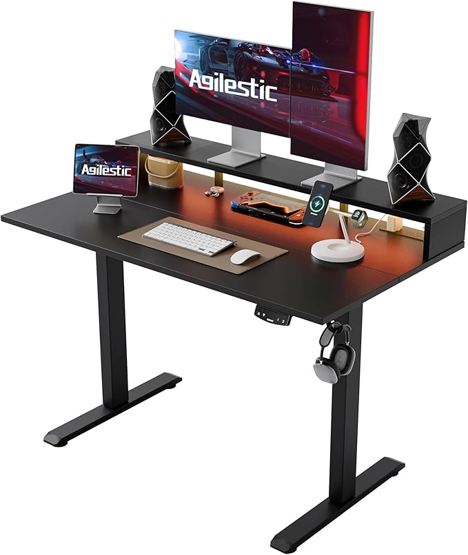 Electric Height Adjustable Standing Desk with Power Outlet and LED Light Strip, Sit to Stand, Ergonomic 48x24 Rising Desk with Memory Presets, Home Office Workstation, Computer Gaming Table, Black