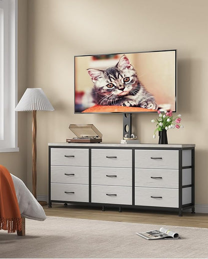 TV Stand with Mount for 32/55/65/75/85 inch TVs, Entertainment Center with 9 Fabric Drawers Dresser Storage, Height Adjustable Media Console