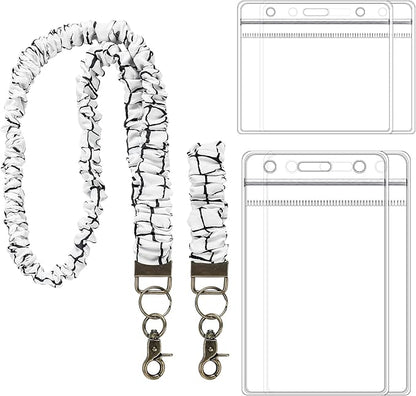 Marspark 2 Set Scrunchie Lanyards with 4 Card Holders for ID Badges and Keys Cute Stretchy Scrunchie Neck and Wrist Lanyards for Teacher Women Nurses School Office Supplies(Black White, Grid)