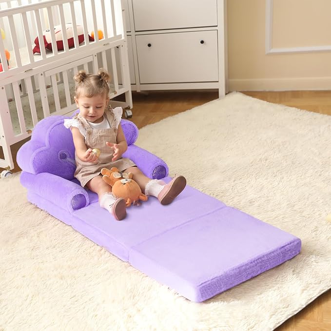 MOONBEEKI Toddler Chair Comfy，Foldable Princess Couch for Girl, Toddler Recliners for Kids Over 18 Months, Kids Sofa Bed Fold Out(Purple)