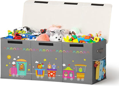 120L Large Toy Storage Box with Lid, Extra Large Toy Box Chest, Large Toy Box for Kids, Girls and Boys, Nursery Room and Living Room, 40"x13" x16"(grey-train)