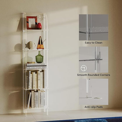 5-Tier Acrylic Arched Bookcase, Square Legs, 13.8''W x 11.8''D x 59.6''H, Clear Narrow Bookshelf for Small Space, Unique Book Shelves for Home Office, Living Room, Bedroom, Modern