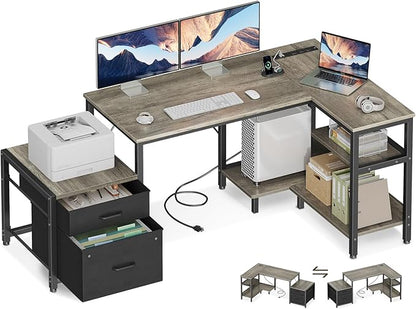 Casaottima L Shaped Desk with Drawers & File Cabinet, Computer Desk with Storage Shelves & CPU Stand, Corner Desk with Power Outlets, Reversible L Desk for Home Office, Grey
