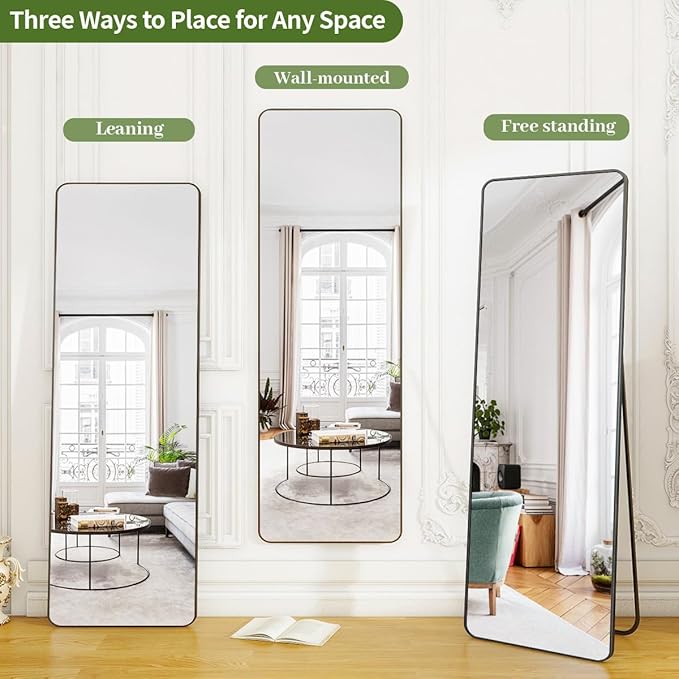 BEAUTYPEAK 59"x16" Mirror Full Length, Standing or Leaning Rounded Corner Full Body Floor Mirror with Metal Framed,Suitable for Living Room or Bathroom,Black