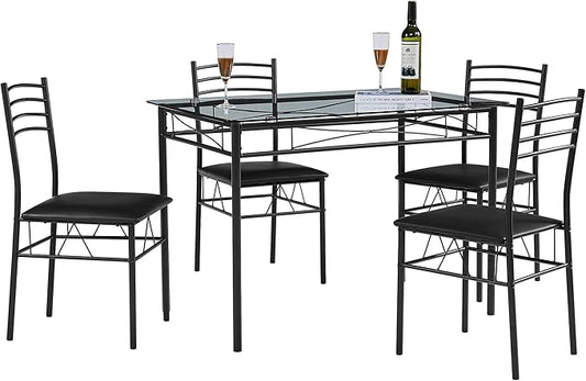 VECELO Kitchen Dining Table and Chairs Set for 4, PU Padded Seat & Glasses Tabletop, Space Saving, Matte Black