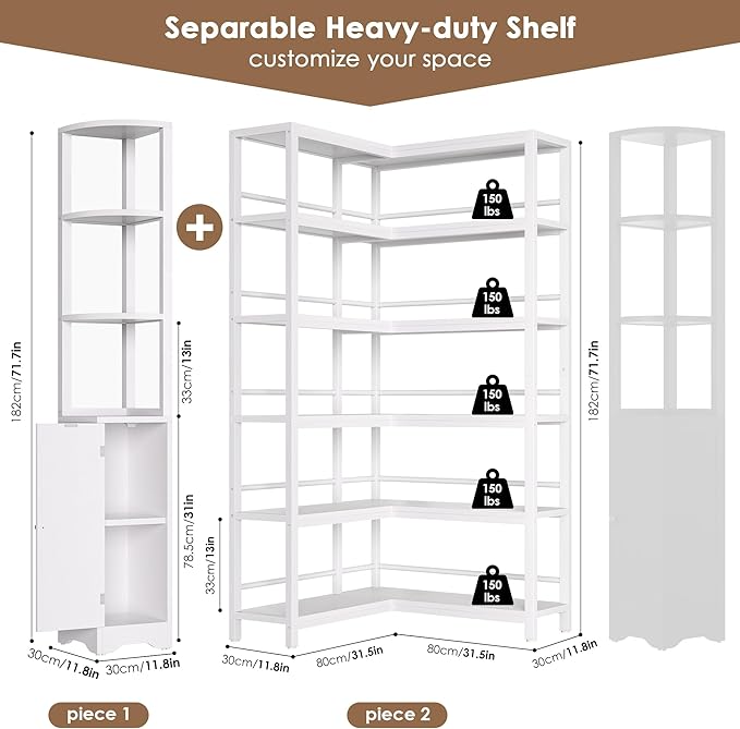 Keyluv 72" Tall Corner Bookshelf with Door, 6-Tier L Shaped Bookshelves and Bookcase with Storage Cabinet, 2 Pieces Individual Convertible Book Shelf, Display Shelf for Home Office Living Room, White