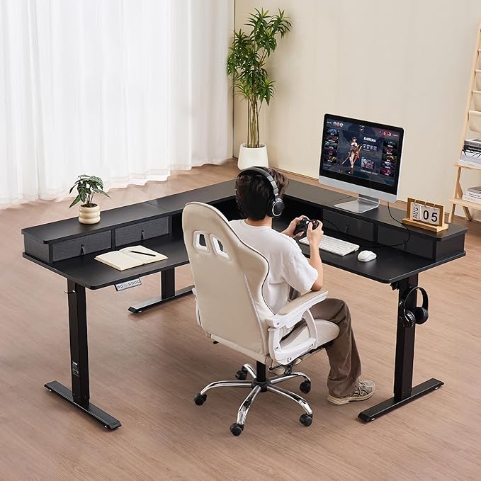 VEVOR 63'' Electric L Shaped Standing Desk, 3 Memory Height, 2-Tier Corner Table with 4 Drawers Storage, 2 Hooks & Cable Hole, Heavy Duty Carbon Steel Sit Stand Computer Workstation, Easy to Assemble