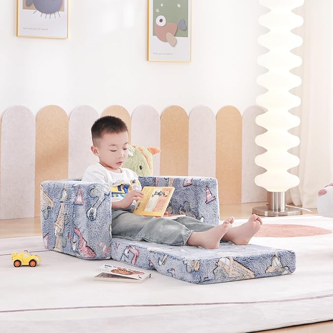 Tiita Kids Chair Couch, Folding Toddler Comfy Sofa Chairs, 2-in-1 Kids Plush Sofa Fold Out, Baby Armrest Chair to Lounger, Convertible Play Sofas to Bed for Girl or Boy, Vehicles