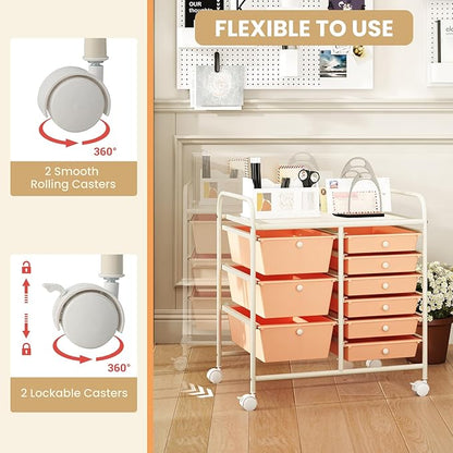 COSTWAY Rolling Storage Cart with 9 Drawer, Mobile Utility Cart with Metal Frame, Art Supply Craft Organizer, Multipurpose Storage Organizer for Paper, Office, School Teacher, Classroom, Peach